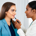 A professional female makeup artist, with a warm and empathetic expression, gently applying makeup to a female client in a brightly lit, modern makeup studio. Both subjects are fully clothed in modest, professional attire. The artist is focused on understanding the client's unspoken needs, symbolizing trust and deep connection. The background features soft, inviting studio decor. safe for work, appropriate content, fully clothed, professional, family-friendly, perfect anatomy, correct proportions, natural pose, well-formed hands, proper finger count, natural body proportions, professional photography, high quality, soft studio lighting.