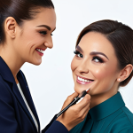 **

"A professional female makeup artist, fully clothed in modest work attire, applying makeup to a client in a well-lit studio. The client is also fully clothed and smiling. Background includes makeup tools and equipment. Safe for work, appropriate content, perfect anatomy, natural pose, high quality, professional setting, family-friendly."

**
