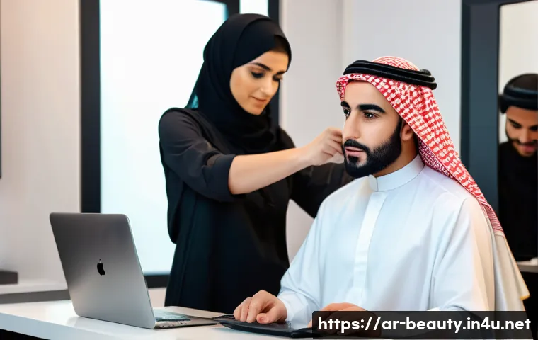 미용사 온라인 강의 개설 방법 - A professional Middle Eastern hairstylist teaching an online hairdressing course, wearing stylish mo...