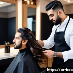 미용사 인스타그램 운영 전략 - A professional Middle Eastern male hairstylist working in a modern salon in Riyadh, wearing stylish ...