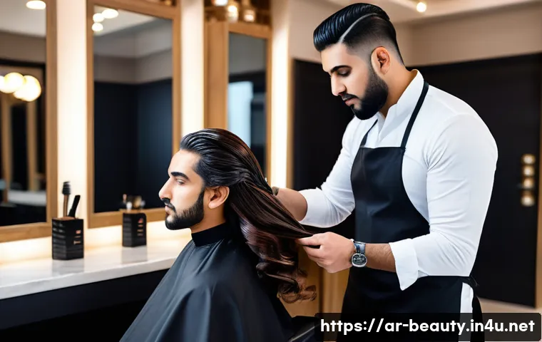 미용사 인스타그램 운영 전략 - A professional Middle Eastern male hairstylist working in a modern salon in Riyadh, wearing stylish ...
