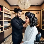 미용사 실무 사례 공유 블로그 운영법 - A modern hair stylist studio interior set in a Middle Eastern context, featuring a professional hair...