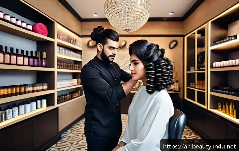 미용사 실무 사례 공유 블로그 운영법 - A modern hair stylist studio interior set in a Middle Eastern context, featuring a professional hair...