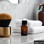 메이크업 소품 관리와 유지 보수 - A close-up scene of an elegant makeup brush cleaning setup on a marble countertop, featuring natural...