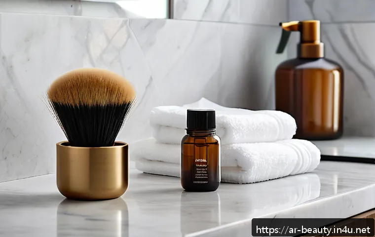 메이크업 소품 관리와 유지 보수 - A close-up scene of an elegant makeup brush cleaning setup on a marble countertop, featuring natural...