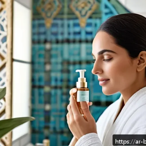 피부 미용 분야 논문과 리서치 활용 - A serene Middle Eastern woman in her 30s with flawless, glowing skin, gently applying a lightweight,...