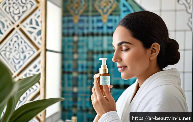 피부 미용 분야 논문과 리서치 활용 - A serene Middle Eastern woman in her 30s with flawless, glowing skin, gently applying a lightweight,...