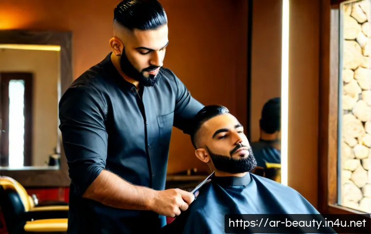 미용사 현직자가 알려주는 필드 경험 - Photorealistic modern Arab barbershop, experienced male hairstylist carefully shaping a male client’...